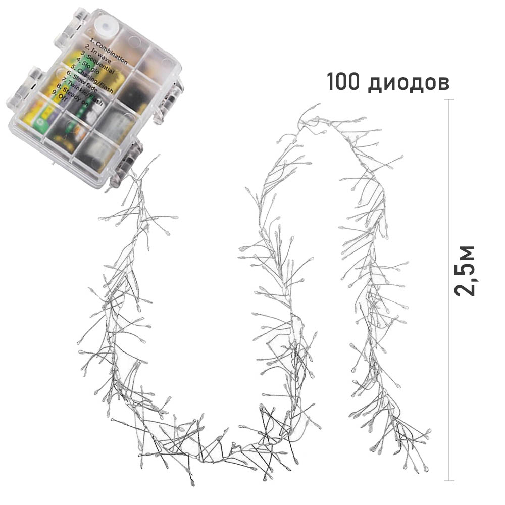 Гирлянда LED Роса-Мишура от батареек, 2,5м х 100 диодов, 8 режимов от батареек, белый