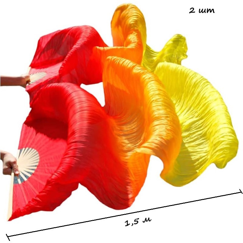 Веер-вейл для танцев 2 шт 57см х 1,5м №4, шелк, красный+св.оранжевый+желтый
