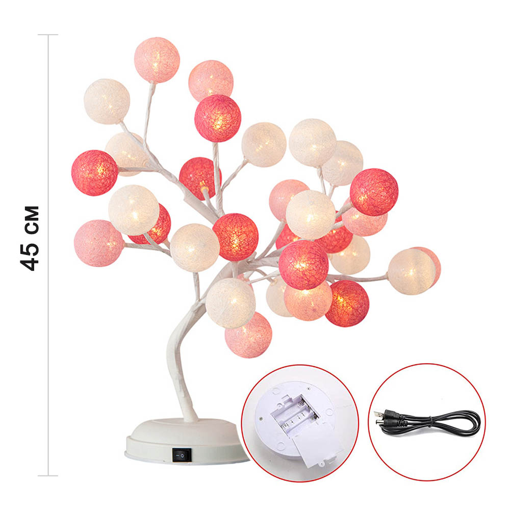 Дерево светодиодное на подставке "Шары из ниток" 45 см х 32 диода, белый+розовый+малиновый