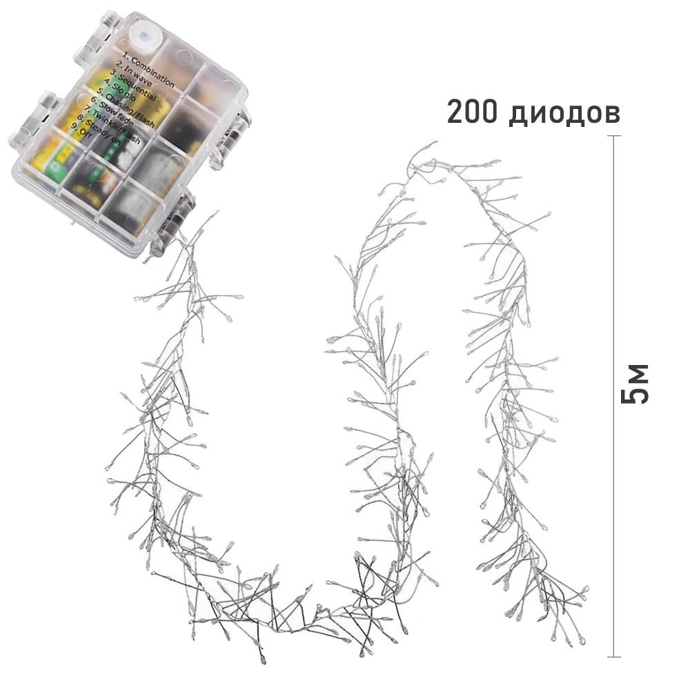 Гирлянда LED Роса-Мишура от батареек, 5м х 200 диодов, 8 режимов, теплый белый